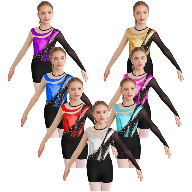 Custom Stage Costume Gymnastics Figure Skating Outfit Rhinestone Gymnastics Leotards with shorts