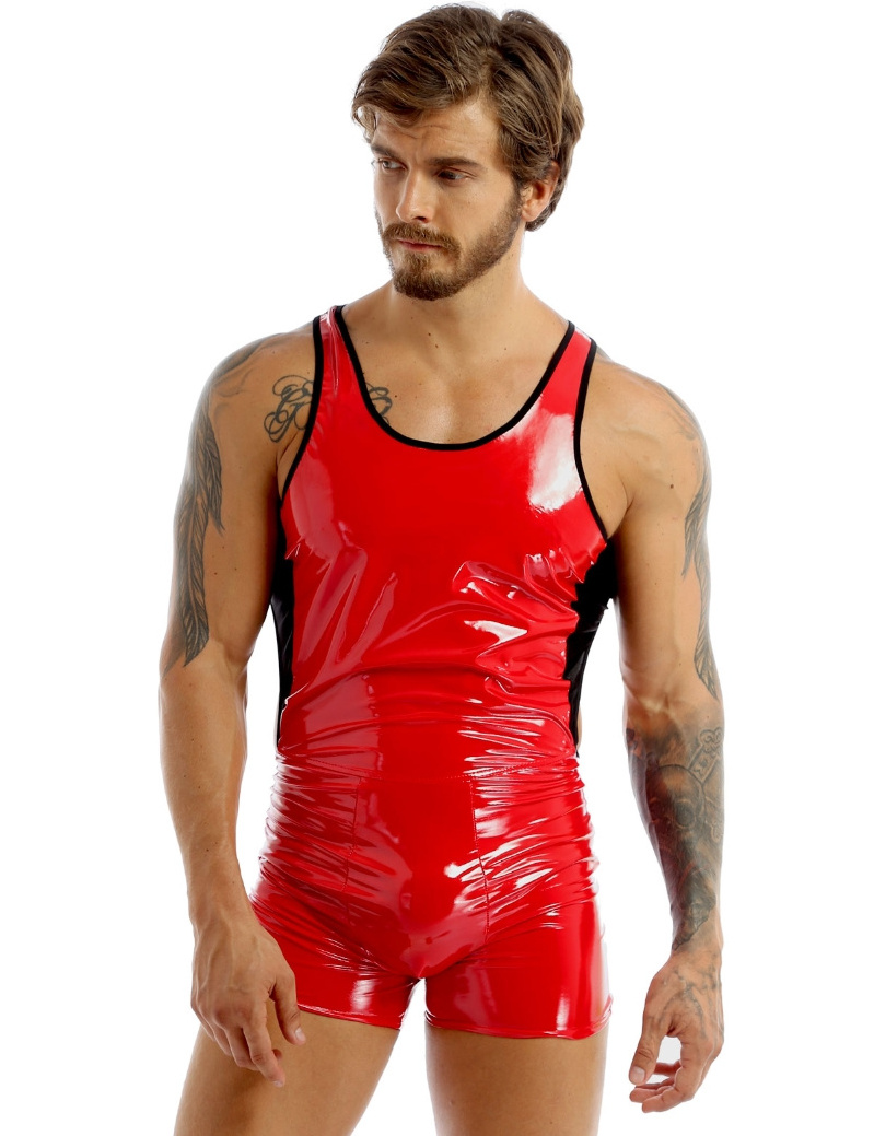 Low Price Mens Leather Color Block Design Racerback Skin-Tight Leotard Short Bodysuit Shaper