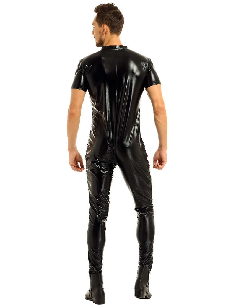 Luxury Latex Catsuit Mens Short Sleeves Zipper Crotch Full Body Suit Clubwear Leotard