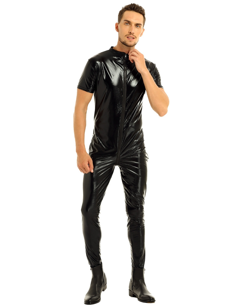 Luxury Latex Catsuit Mens Short Sleeves Zipper Crotch Full Body Suit Clubwear Leotard