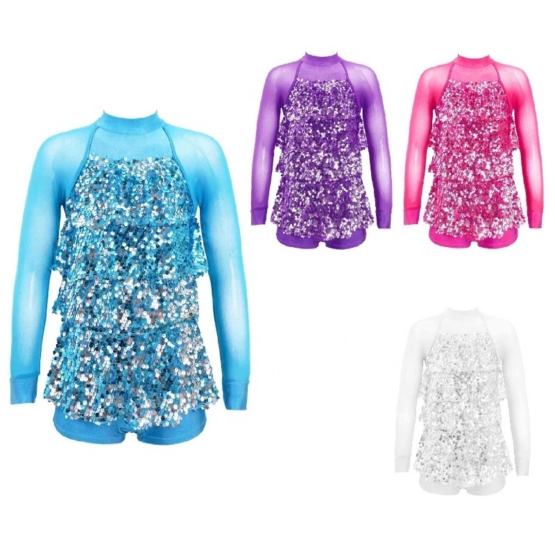 Sparkling Sequins Dance Clothing Mesh Patchwork Long Sleeve Leotard Girls Performance Dance Dress