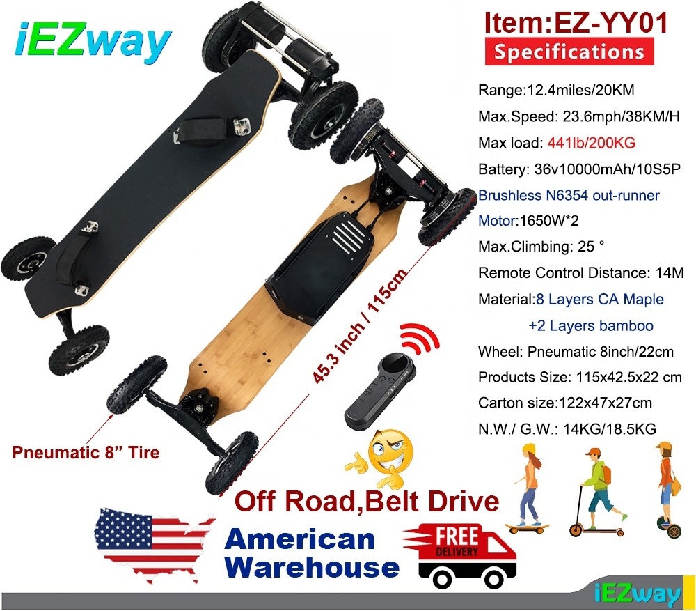 2021 iEZway US Warehouse Drop Shipping Dual Belt Drive 4 wheel All Terrain Off Road Electronic Skate Board Electric Skateboard