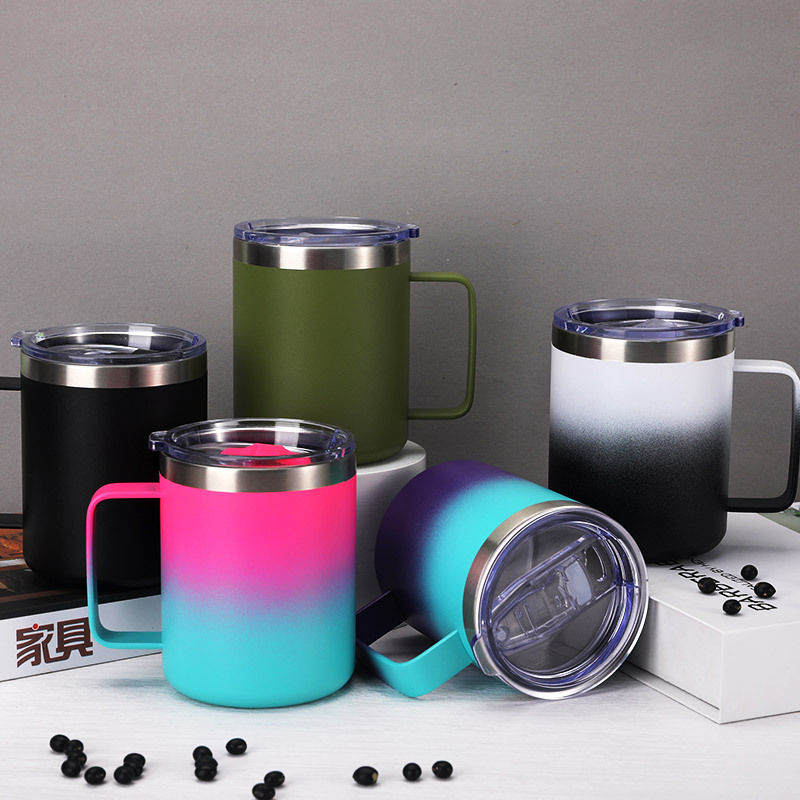 Wide Mouth 350ml Insulation Stainless Steel Mug Multicolor Mug Cup With Plastic Lid And Handle