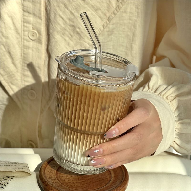 400ml Simple Stripe Coffee Glass Cup With Lid and Straw Transparent Tea Cup Juice Glass Milk Cup Breakfast Mug