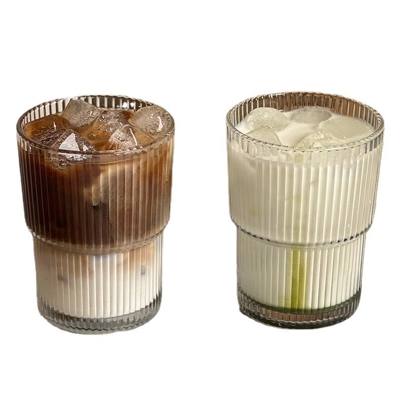 400ml Simple Stripe Coffee Glass Cup With Lid and Straw Transparent Tea Cup Juice Glass Milk Cup Breakfast Mug