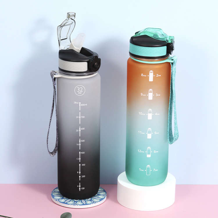 Gradient Color 1000ml Spring Cover Outdoor Portable TRITAN Frosted Plastic Water Bottle With Silicone Suction Straw