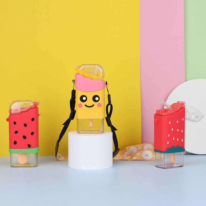 Plastic Cups Cute Cartoon Ice Cream Children With Strap Portable Plastic Bottles Fashion Popsicle Straw Water Bottle