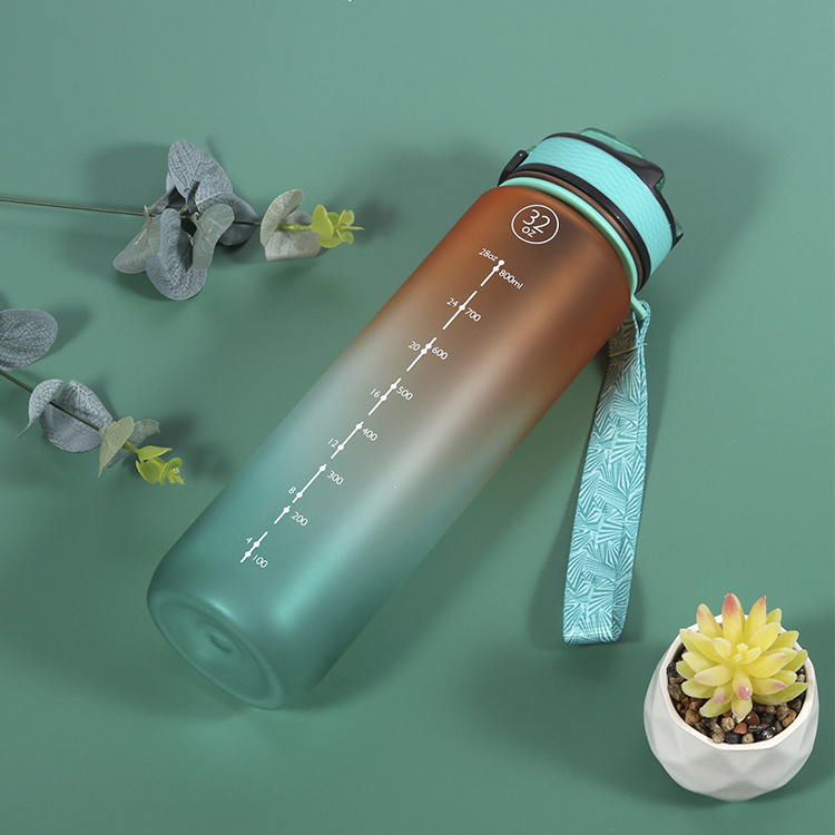 Gradient Color 1000ml Spring Cover Outdoor Portable TRITAN Frosted Plastic Water Bottle With Silicone Suction Straw