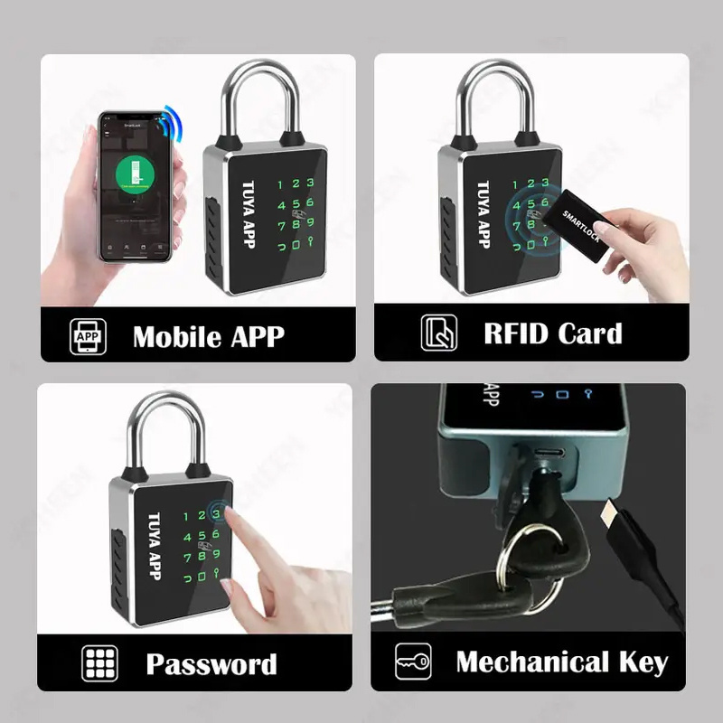 Smart Padlock TUYA APP Fingerprint Unlocking Waterproof Password Key RFID Card USB Charging Door Lock