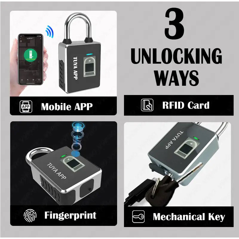 IP65 Waterproof Tuya App Bluetooth Fingerprint Card Smart Padlock with Key