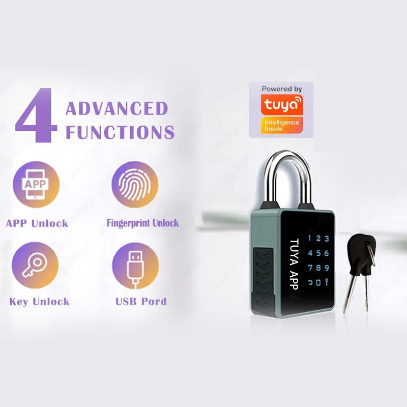 IP65 Waterproof Tuya App Bluetooth Fingerprint Card Smart Padlock with Key