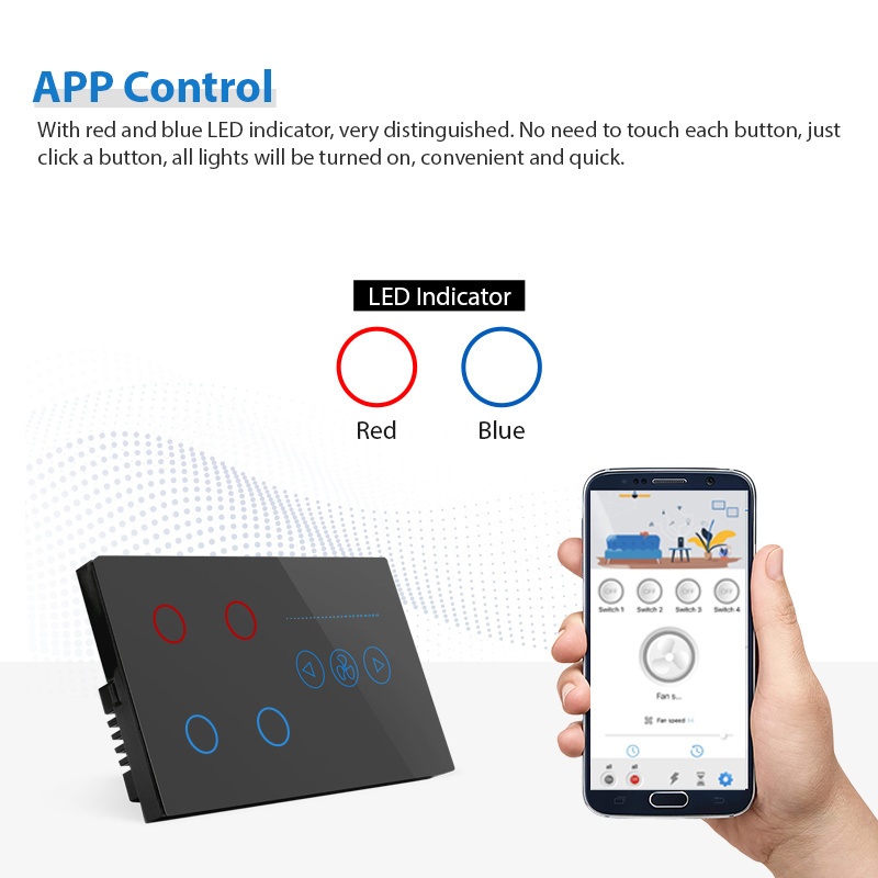 wifi Smart 4 Gang&1 Fan Switch with Timer Function Supporting App Control/Voice Control with Child Lock and Back Light Function