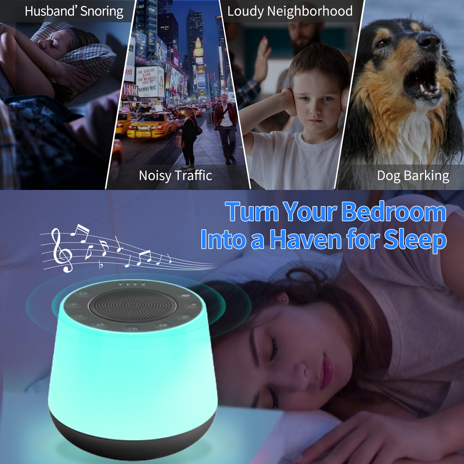 White Noise Sound Machine with Bluetooth Speaker with Seven Color Night Lights and 32 High Fidelity Soothing Sounds