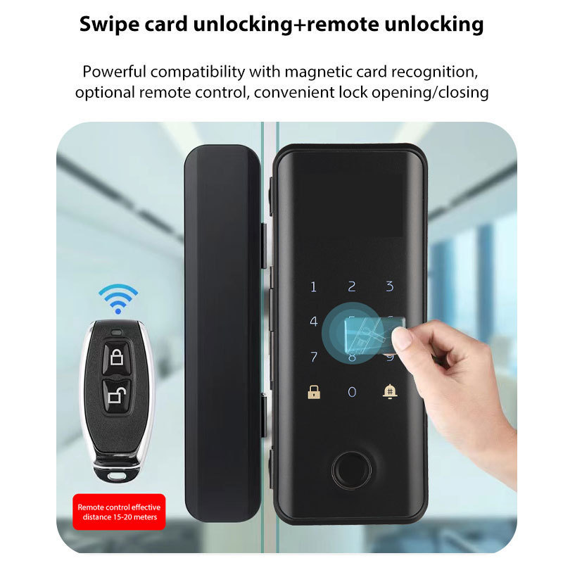 Glass Door BLE TTLock App Card Password Fingerprint Remote Controller Unlocking Smart Door Lock with Double Hook Deadbolt