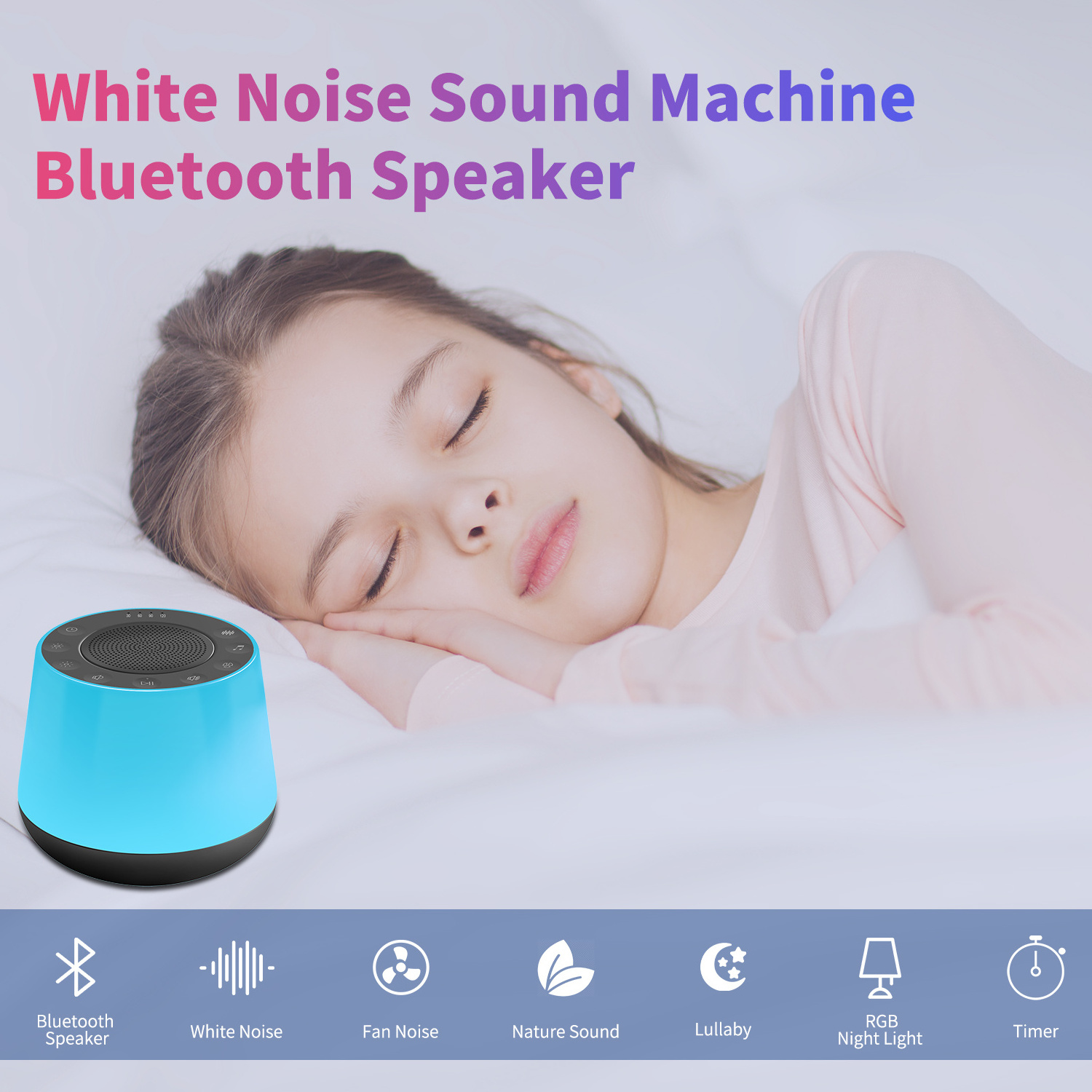 White Noise Sound Machine with Bluetooth Speaker with Seven Color Night Lights and 32 High Fidelity Soothing Sounds