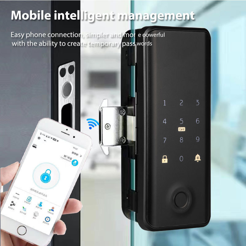 Glass Door BLE TTLock App Card Password Fingerprint Remote Controller Unlocking Smart Door Lock with Double Hook Deadbolt