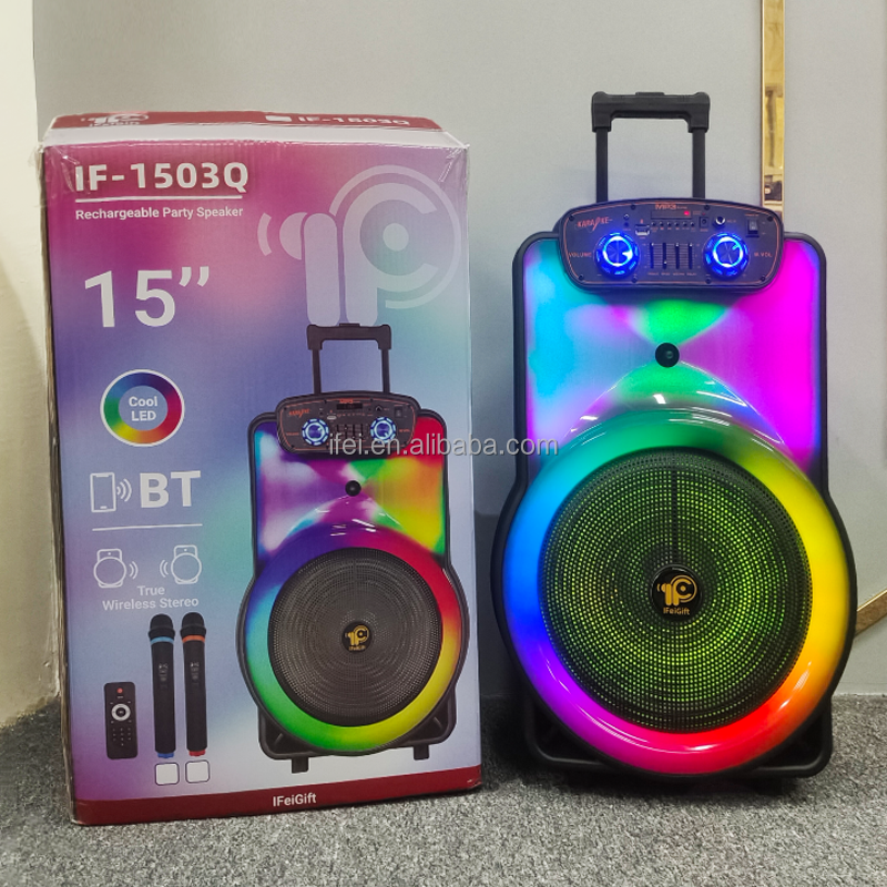 Portable 15 inch DJ speaker Big New Design trolley Speaker TWS Rod Speaker With Coloured Lights IFeiGift IF-1503Q