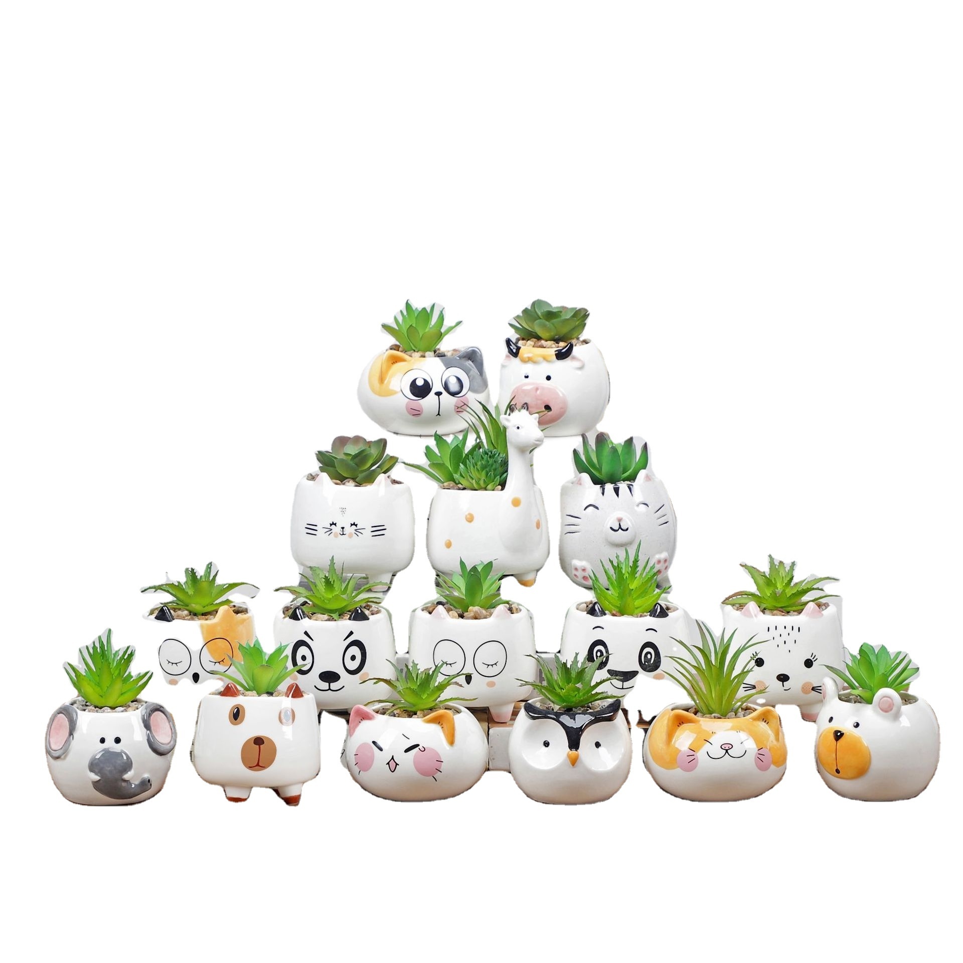 LOW MOQ 96 Piece Per Carton Cute Animal Cat Dog Owl Elephant Fower Pot Mini Ceramic Vase Planter Garden Succulent Plant Pots