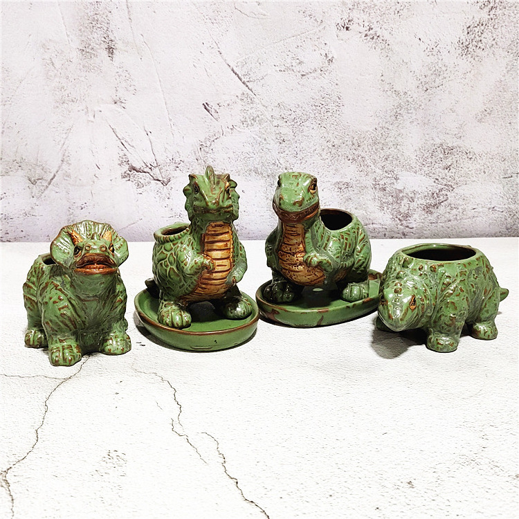 Creative cute cartoon little dinosaur flowerpot container wholesale lovely animal ceramic succulent flower pot small plant basin