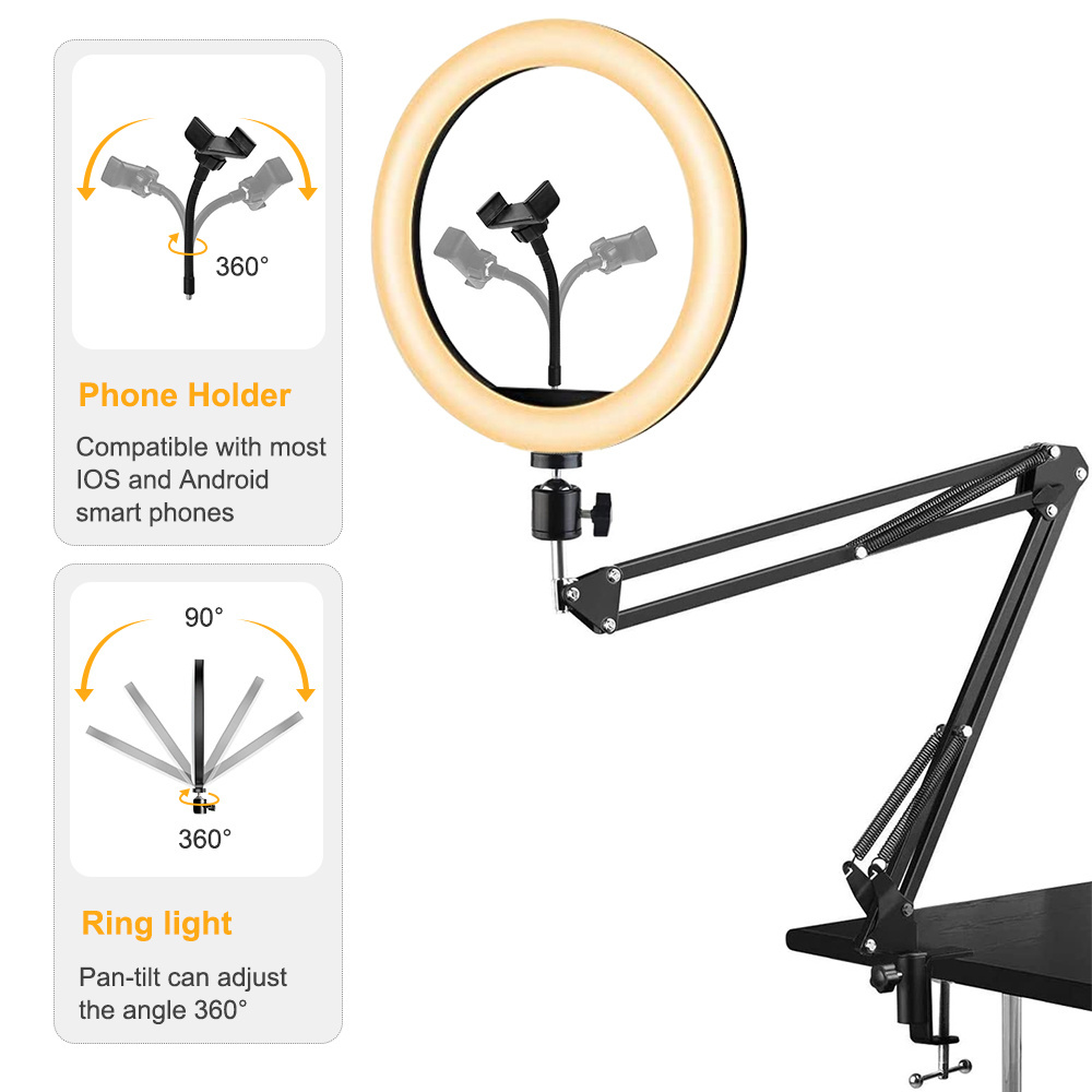 Overhead LED Ring Light with Adjustable Rotation Flexible Stand Video Camera fill Lamp for Tiktok Livestreaming Photography