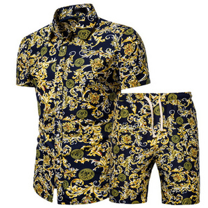 Summer Men'S Hawaiian Two Piece Beach Board Swimming Shorts Set Shirt Suits Beachwear For Men