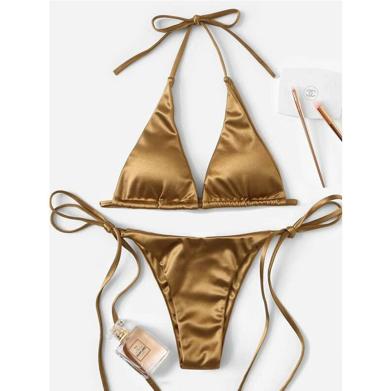 Women'S Brown Pour Femmes Metallic Halter String Top Two Piece Swimsuit Tie Side Triangle Bikini Set