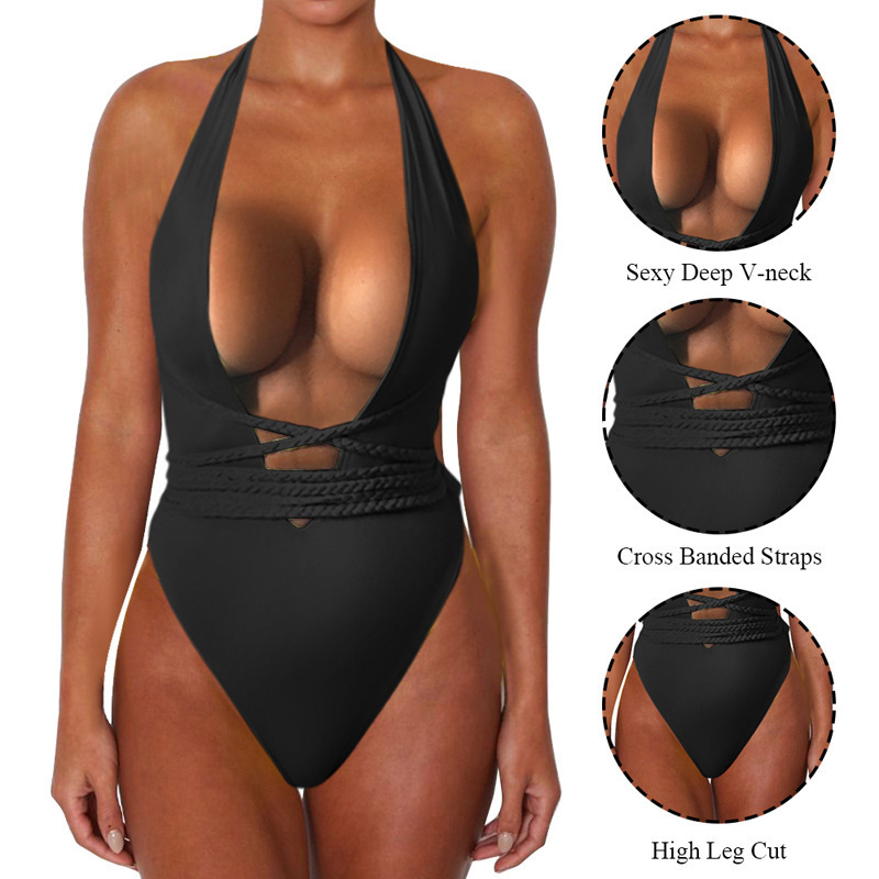 Custom Fabric Swimwear Plain Sexy Mature Women Tummy Control One Piece Thong Swimsuits