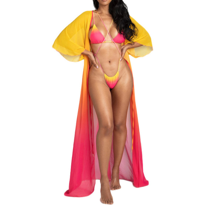 2023 Wholesale Three Pieces Bikini Beach Cover Ups Long Mesh and Bathing Suit for Women