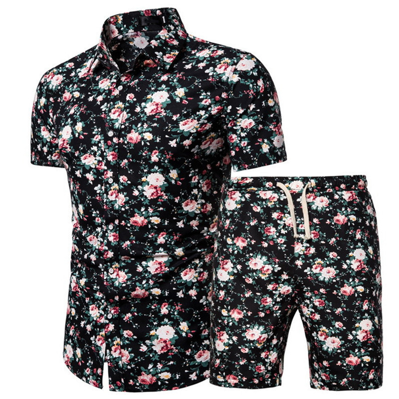 Summer Men'S Hawaiian Two Piece Beach Board Swimming Shorts Set Shirt Suits Beachwear For Men