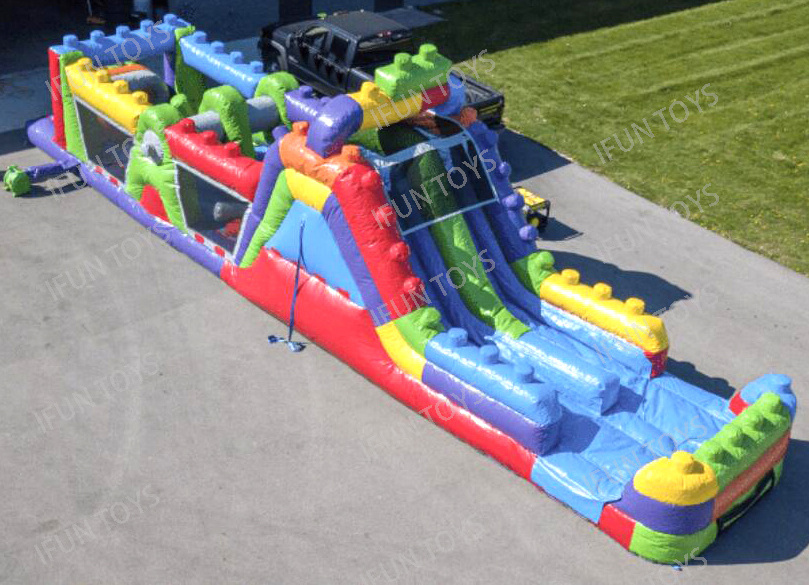 Most Popular Lego Obstacle Course Inflatable Lego Bouncer House with Slide for Sport Games