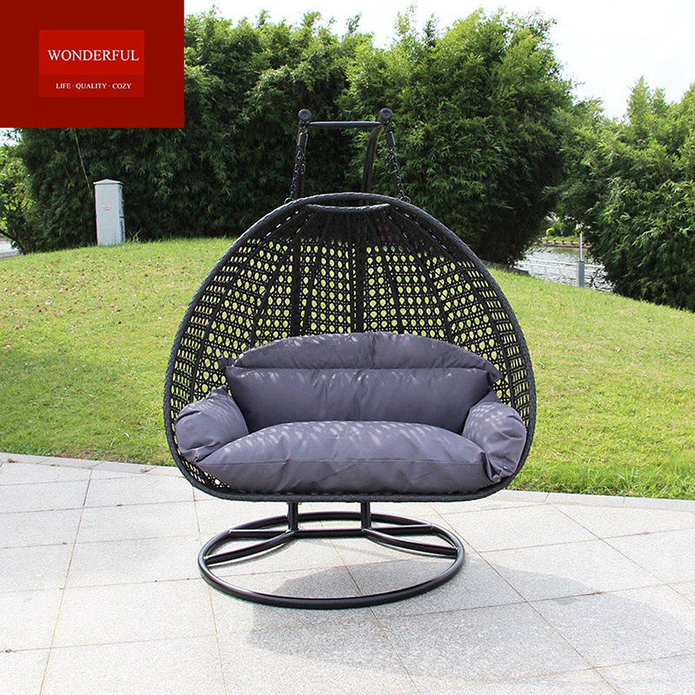 Hot selling outdoor patio rattan swing chair living room double hanging chair with big cushions