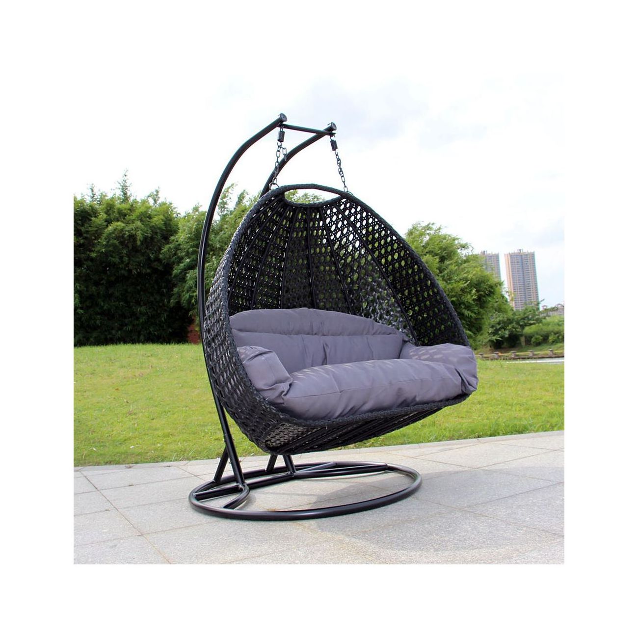 Hot selling outdoor patio rattan swing chair living room double hanging chair with big cushions