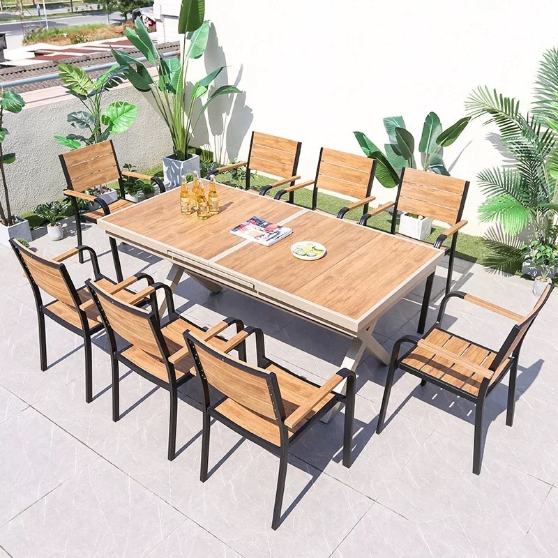 Modern Plastic wood  restaurant garden tables and 6 chairs outdoor furniture waterproof dinning table patio furniture set garden