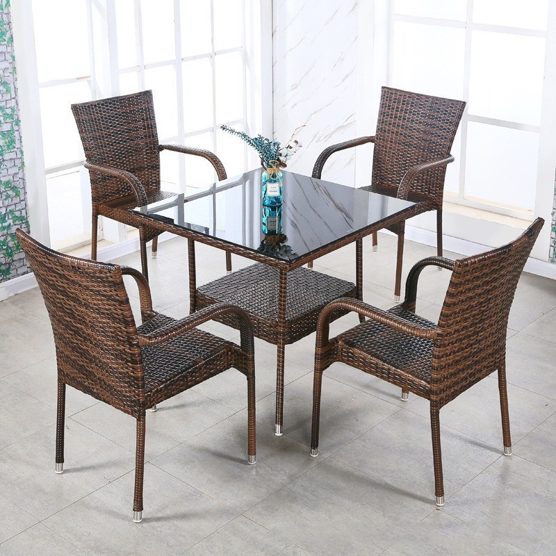 7 Pieces Patio Rattan Dining Set Wicker Outdoor Furniture Rectangular and Round Table and Chairs Set