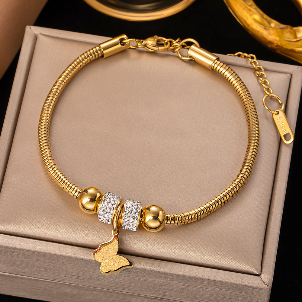 Top Quality Stainless Steel 18k Pvd Gold Zircon Heart Butterfly Cuban Chain Bracelet Women Layered Eyes Snake Bracelet Jewelry