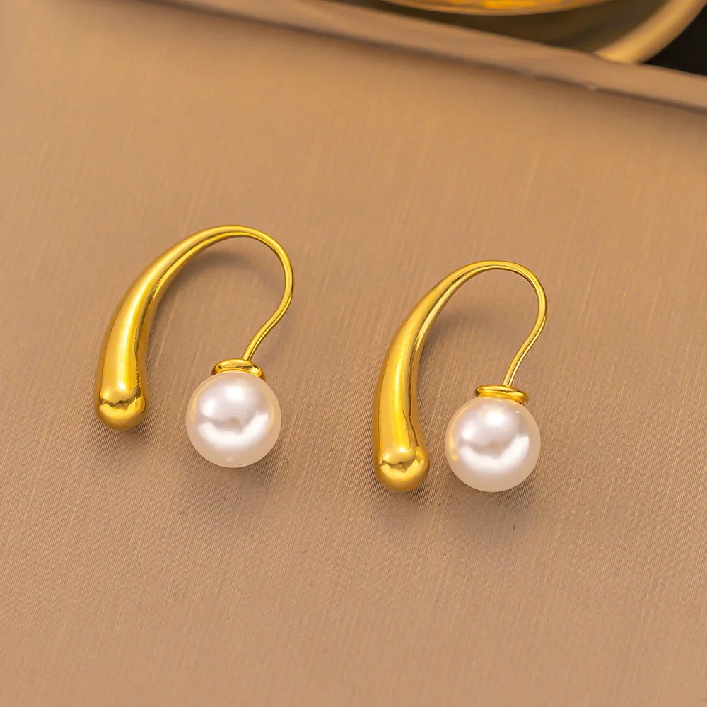 Top Quality Stainless Steel 18k Gold Pearl C Huggie Hoop Earrings Women Zircon Heart Water Drop Drop Earrings Jewelry For Gift