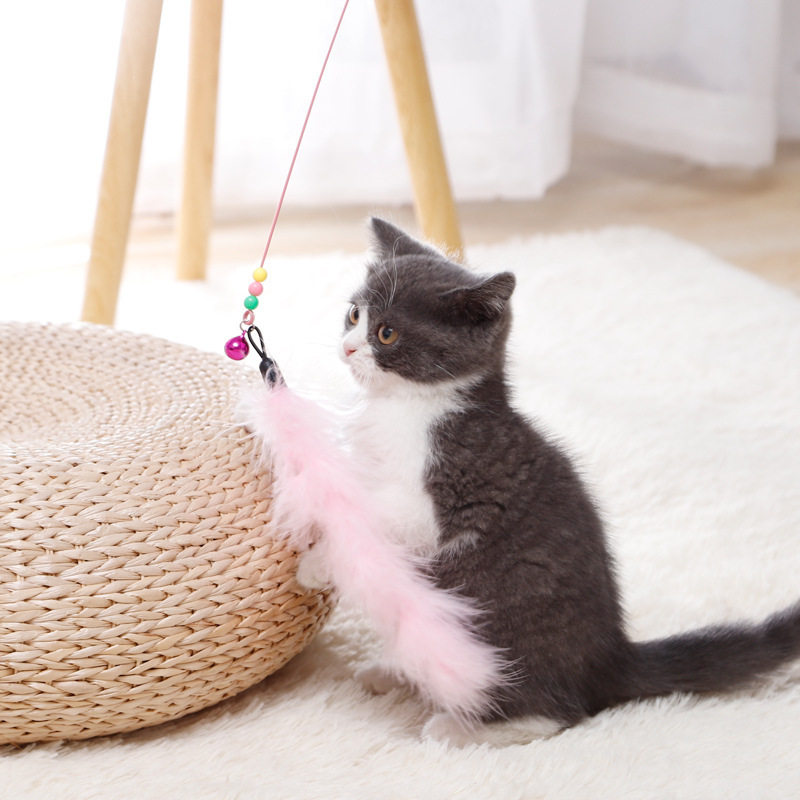 Cat Feather Toy Wand Interactive Pet Kitten Chaser Teaser Wire Wand with Bell Beads for Cats Exercise Play Fun Gifts Toys