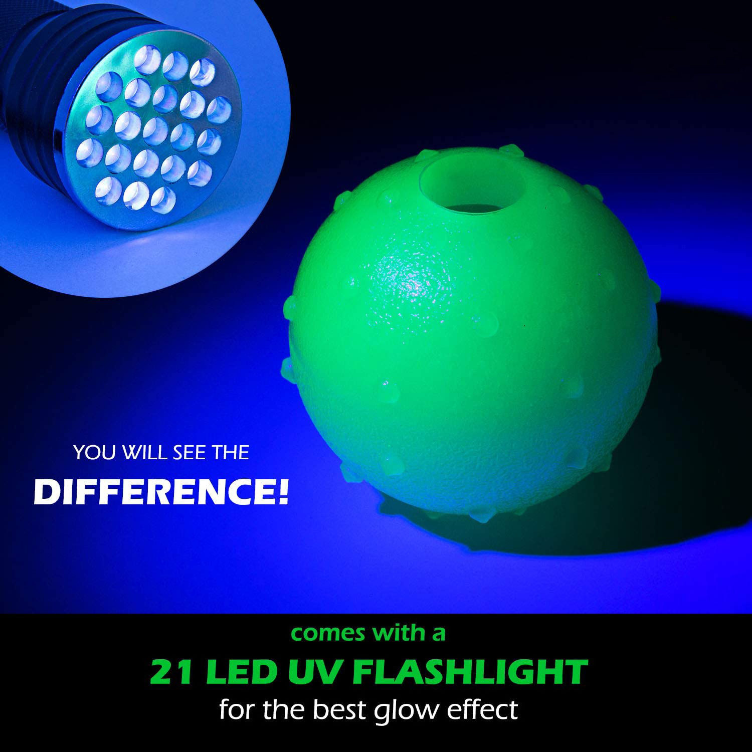 Light Up Dog Ball Glow in the Dark Rubber Dogs Fetch Toy Balls Come with 21 LED UV Flashlight for Cats Glowing Effect at night