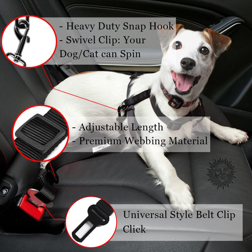 Adjustable Pet Dog Cat Car Seat Belt Safety Leads Vehicle Seatbelt Harness for Cars with Elastic Nylon Bungee Buffer Hook Latch