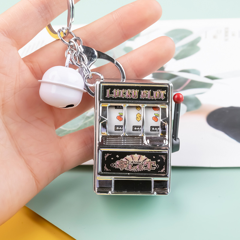 Lucky Slot Fruit Machine Keychain Spinning Rod Bell Game Cute Pattern Key Chain Funny Jackpot Arcade Kids Play Toy Creative Gift