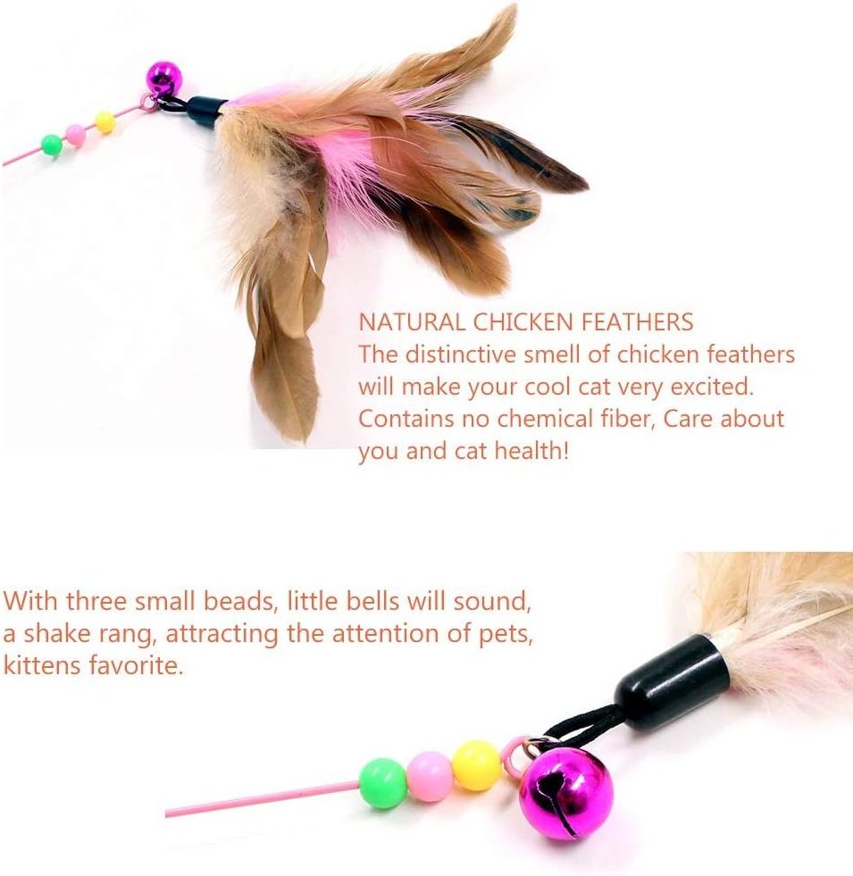 Cat Feather Toy Wand Interactive Pet Kitten Chaser Teaser Wire Wand with Bell Beads for Cats Exercise Play Fun Gifts Toys