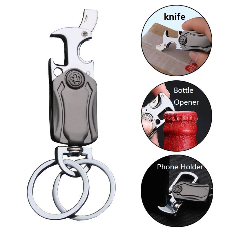 Key Chain with 2 Key Ring Bottle Beer Opener Small Knife 360 Rotatable Spinning Car Keychain 2 Keyring for Men Women Gift