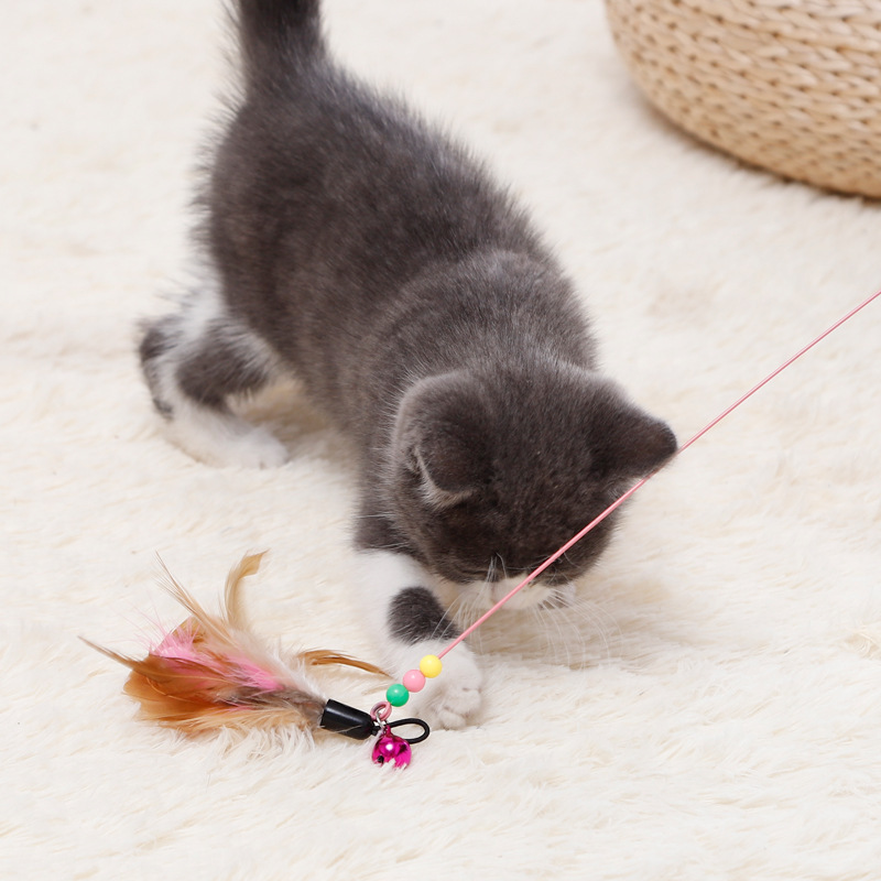 Cat Feather Toy Wand Interactive Pet Kitten Chaser Teaser Wire Wand with Bell Beads for Cats Exercise Play Fun Gifts Toys