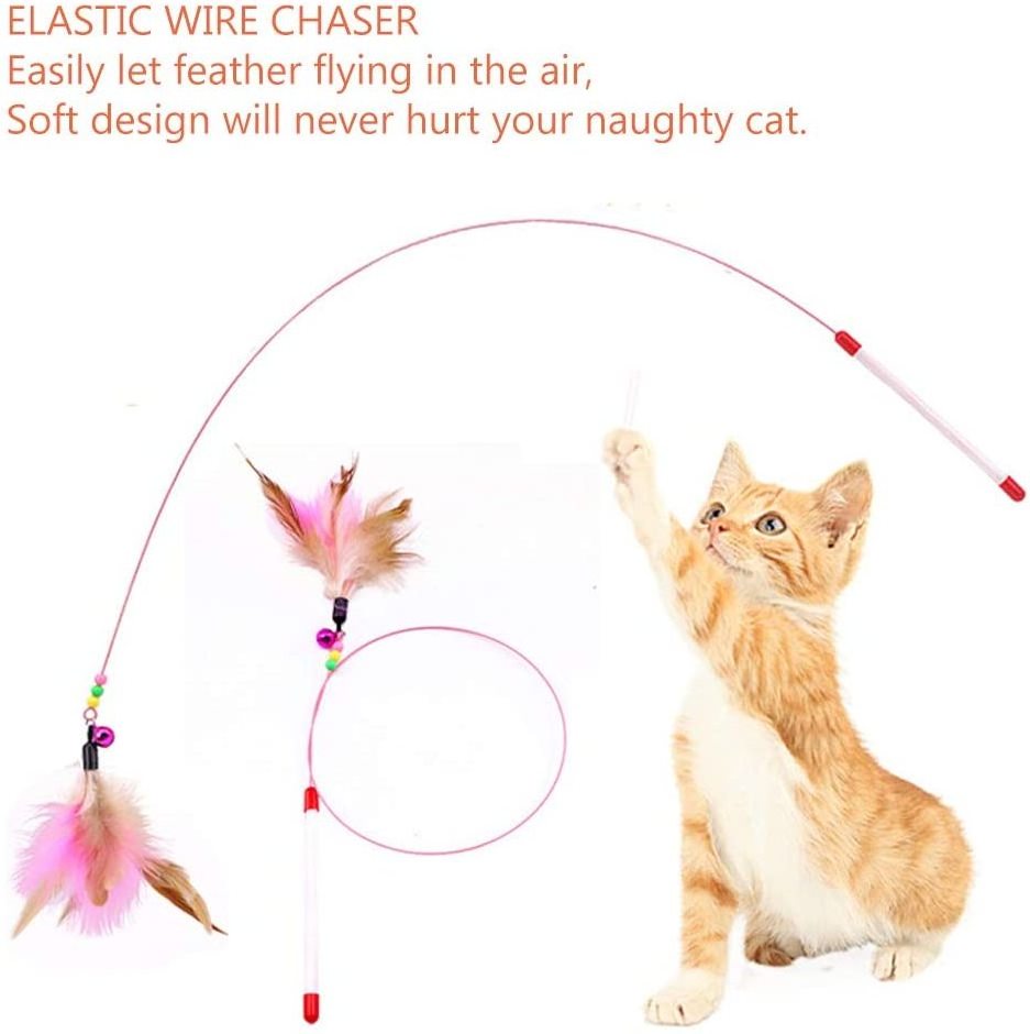 Cat Feather Toy Wand Interactive Pet Kitten Chaser Teaser Wire Wand with Bell Beads for Cats Exercise Play Fun Gifts Toys