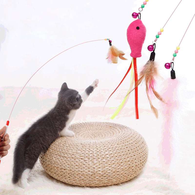 Cat Feather Toy Wand Interactive Pet Kitten Chaser Teaser Wire Wand with Bell Beads for Cats Exercise Play Fun Gifts Toys