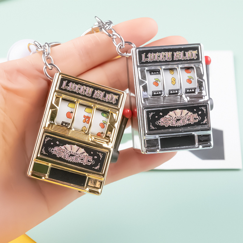 Lucky Slot Fruit Machine Keychain Spinning Rod Bell Game Cute Pattern Key Chain Funny Jackpot Arcade Kids Play Toy Creative Gift