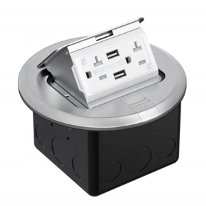 silver color Round Pop Up Floor Outlet Box with 15 Amp USB Tamper-Resistant TR Receptacle Outlet, Corrosive Resistant Hardware,