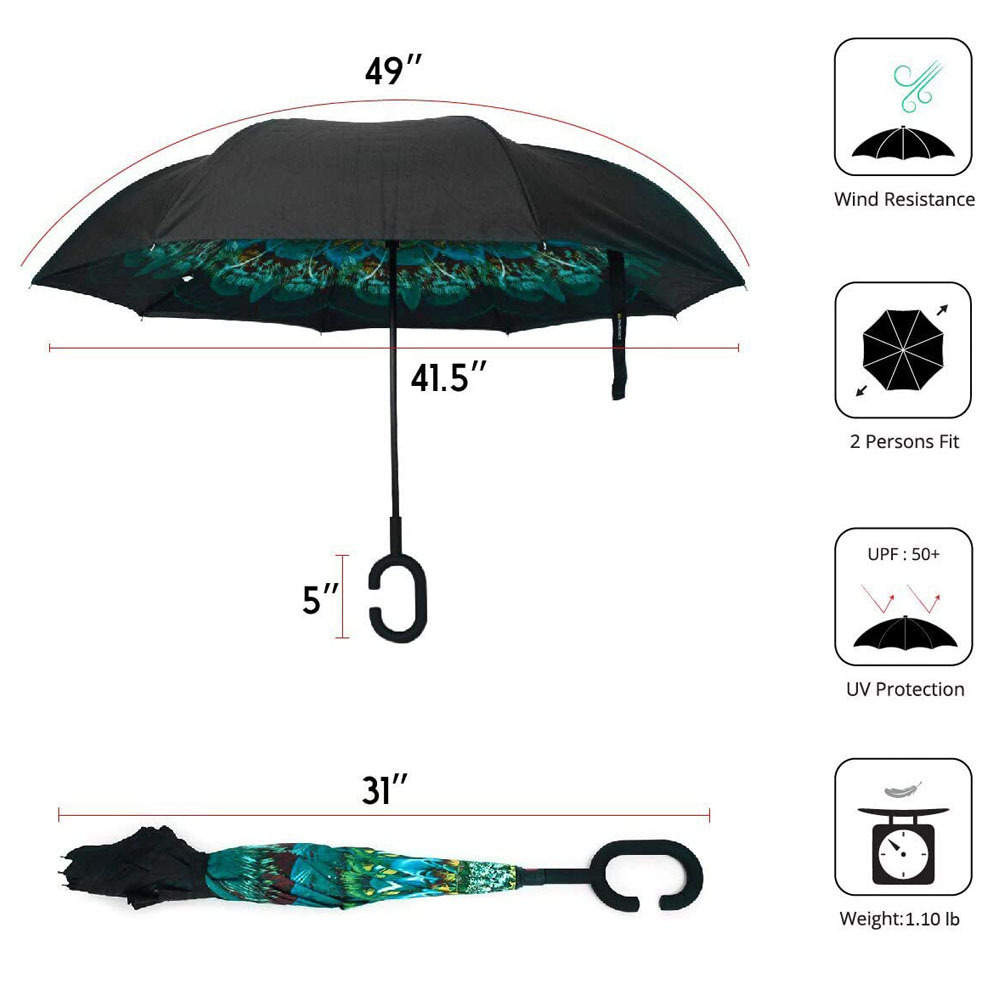 Hot Sale Fashion Logo Customized, Sunday Car Using Peacock Flag Upside-down Reverse Inverted Umbrellas With C Shaped Handle/