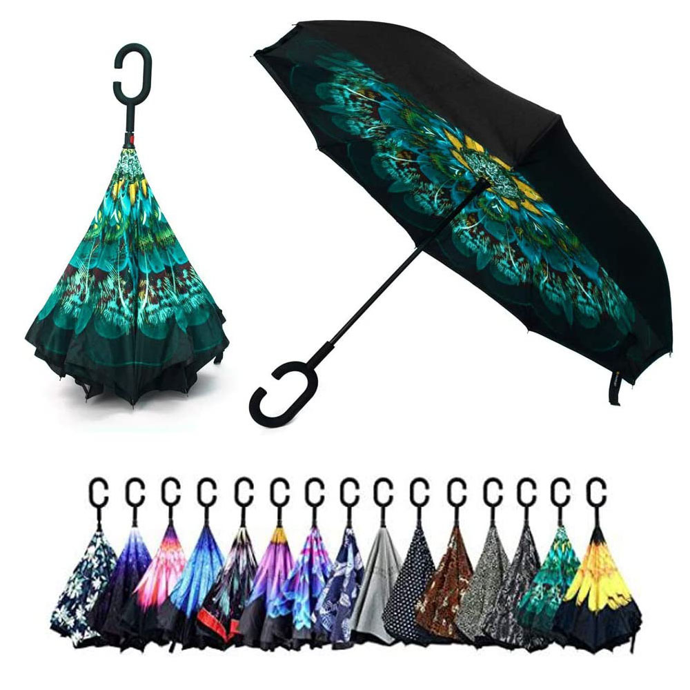 Hot Sale Fashion Logo Customized, Sunday Car Using Peacock Flag Upside-down Reverse Inverted Umbrellas With C Shaped Handle/