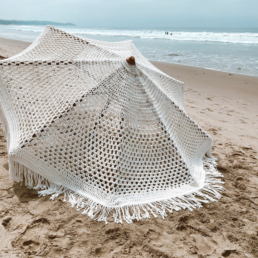 Custom Luxury Garden Parasol White Outdoor Fringe Wooden Canvas Boho Macrame Beach Umbrella With Tassels